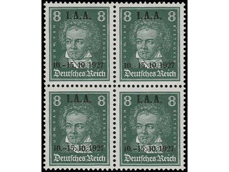 1927, IAA 8 Pfg. im 4er-Block, dabei die rechte obere Marke mit Aufdruckfehler "ohne Bindestrich", postfrisch, Kabinett
