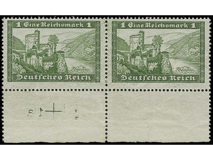 Unverausgabte 'Burg Rheinstein' 1 M. im waagerechten Unterrandpaar, die linke Marke im Rand mit Plattennr. "1a" in Spiegelsch