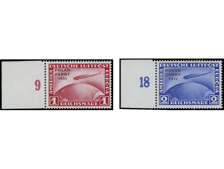 1931, Polarfahrt 1 und 2 M., je als linkes Randstück mit Aufdruckfehler "fehlender Bindestrich nach Polar", postfrisch, Kabin