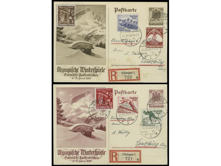 1936, Olympische Winterspiele 6-25 Pfg. kpl. mit Zufrankatur auf den 2 Olympia-Ganzsachenkarten 6 Pfg. und 15 Pfg. als Einsch