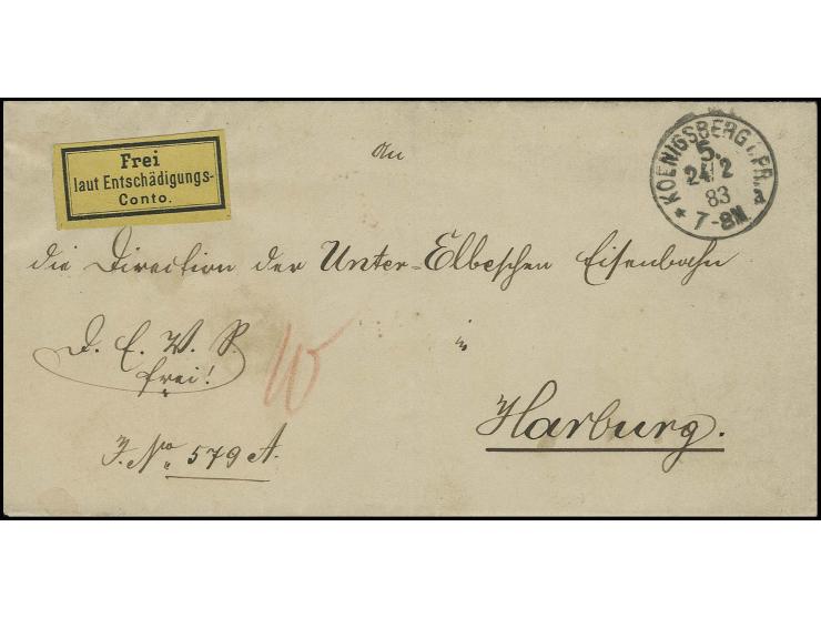 1874, Eisenbahn-Gebührenzettel, voll- bis sehr breitrandig auf Faltbriefhülle mit handschriftlicher Kennzeichnung "D.E.V.S." 
