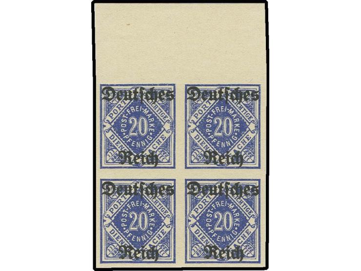 20 Pfg. mit Wz. "nur Ringe", ungezähnt im 4er-Block vom oberen Bogenrand, postfrisch, Kabinett (Mi. 1.200,-)