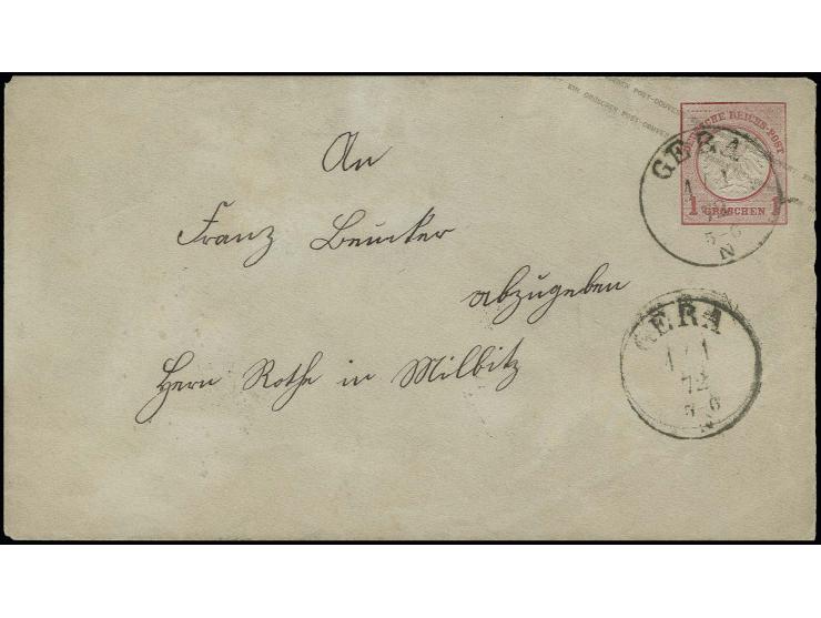 1872, Umschlag 1 Gr. kleiner Schild mit zweifach voll und klar abgeschlagenem Ersttags-EKr. "GERA 1 1 72" nach Milbitz, etwas