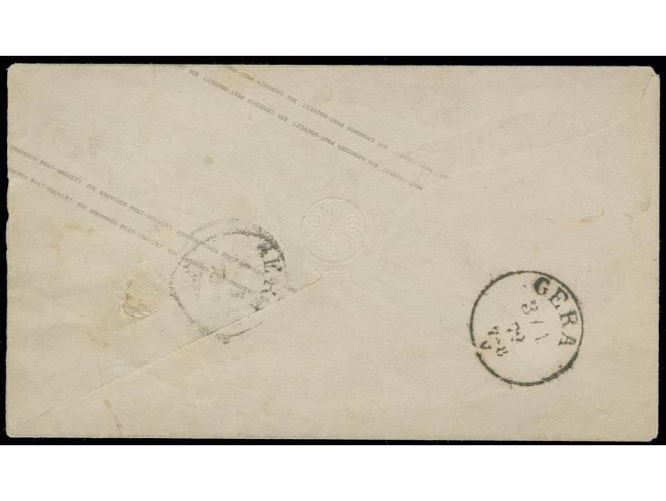 1872, Umschlag 1 Gr. kleiner Schild mit zweifach voll und klar abgeschlagenem Ersttags-EKr. "GERA 1 1 72" nach Milbitz, etwas