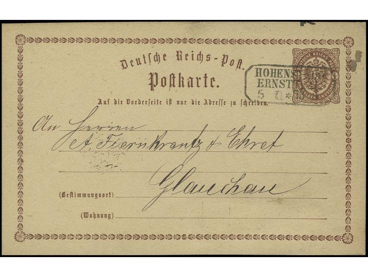 1873, Karte ½ Gr. mit Sachsen-Ra3 "HOHENSTEIN = ERNSTTHAL 5 XI 73" nach Glauchau mit rückseitig angeheftetem Stoffmuster mit 