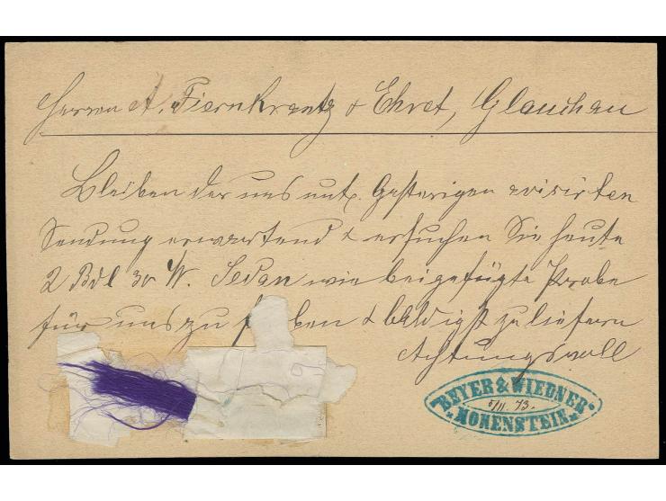 1873, Karte ½ Gr. mit Sachsen-Ra3 "HOHENSTEIN = ERNSTTHAL 5 XI 73" nach Glauchau mit rückseitig angeheftetem Stoffmuster mit 