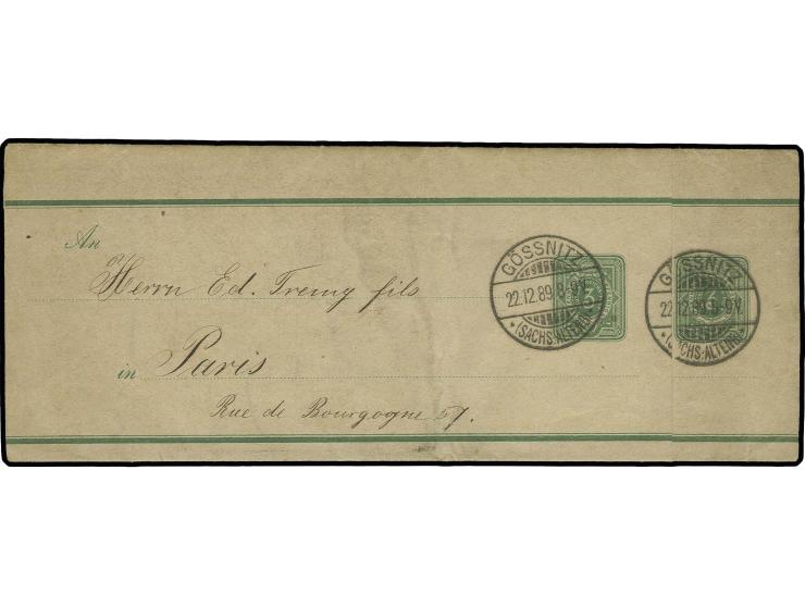 1888, Streifband 3 Pfg., 2 Stück zu einem Streifband vereinigt mit klarem "GÖSSNITZ 22.12.89" nach Paris, in dieser Form sehr