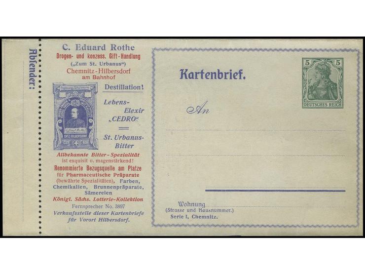 1910 (ca.), Germania 5 Pfg., Privat-Anzeigen-Kartenbrief für Chemnitz, Type A, Serie II mit Löschblatt, ungebraucht