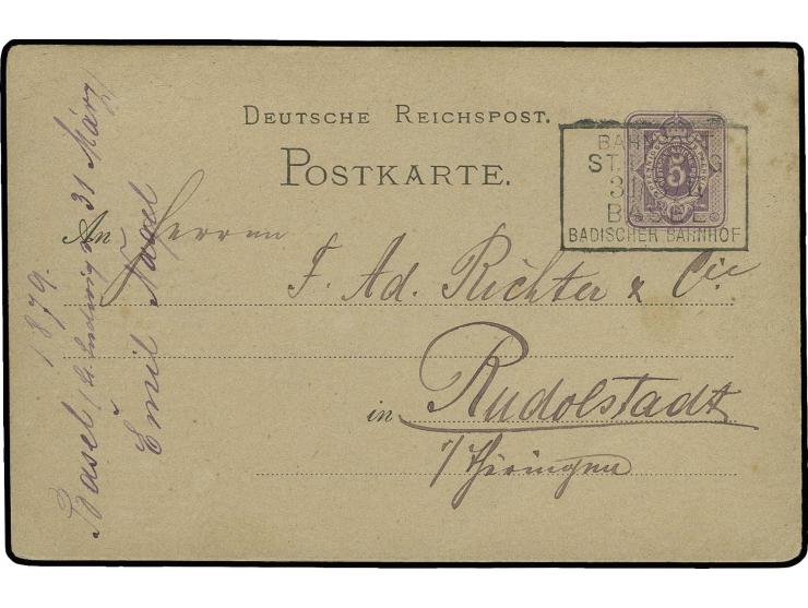 STEMPEL: "BAHNPOST / ST. LUDWIG / 31/3/II / BASEL / BADISCHER BAHNHOF" (1879), klarer fünfzeiliger Bahnpost-Ra. auf 1875, Gan