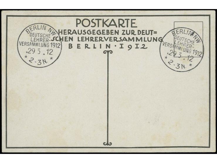 "BERLIN NW DEUTSCHE LEHRER-VERSAMMLUNG 1912 29.5.12", zwei klare Blanko-Abschläge auf farbiger Sonderkarte "Schloss mit Kaise