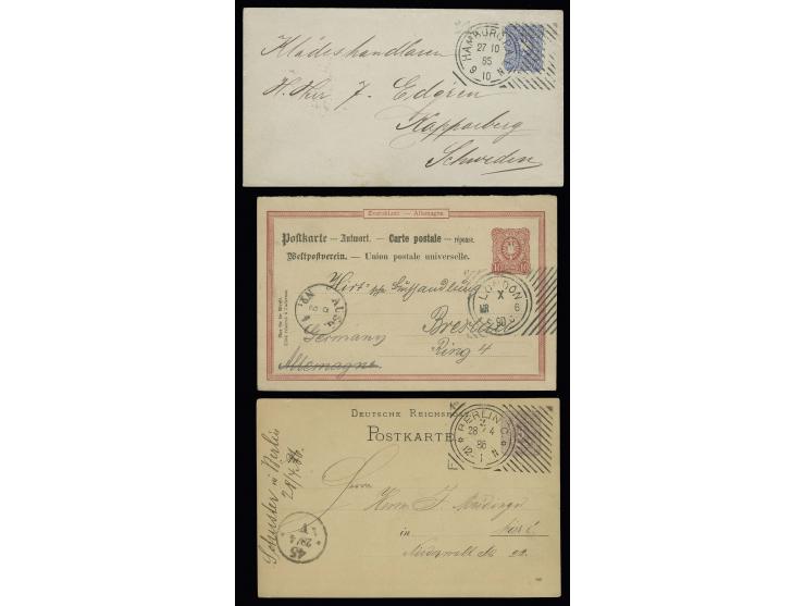 "HAMBURG P. A. I. 27 10 85", Hoster-Maschinenstempel sehr klar auf 1880, 20 Pfg. ultramarin auf Brief nach Schweden, dazu Hos