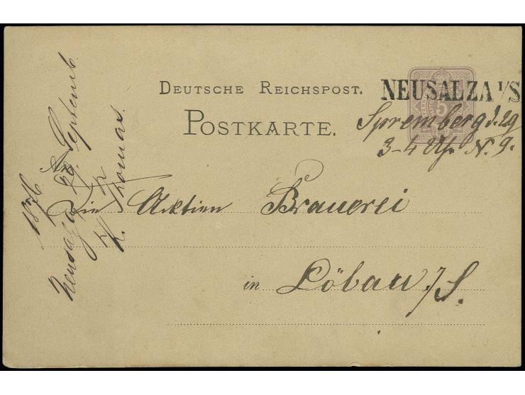 "NEUSALZA I/S", klarer Bahnpost-Einzeiler und handschriftlicher Vermerk "Spremberg d. 29/9" (1876) auf 1875, Ganzsachenkarte 