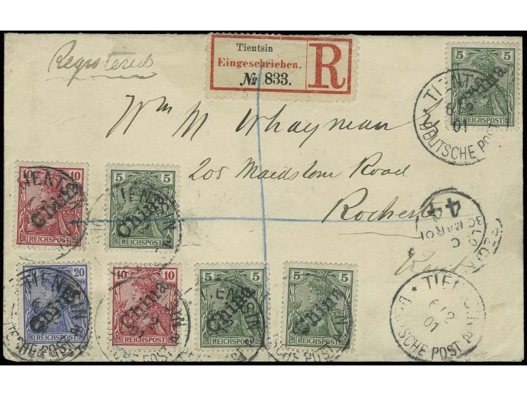 1900, Handstempelaufdrucke: 5 Pfg. (4),  10 Pfg. (2) und 20 Pfg. mit Stempel "TIENTSIN 6/2 01" als portogerechte Frankatur au