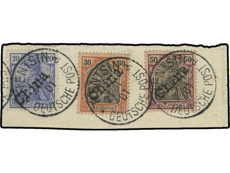 1901, Reichspost 50 Pfg. zusammen mit 30 Pfg. und 20 Pfg., alle drei farbfrisch und gut gezähnt mit jeweils glasklar aufgeset