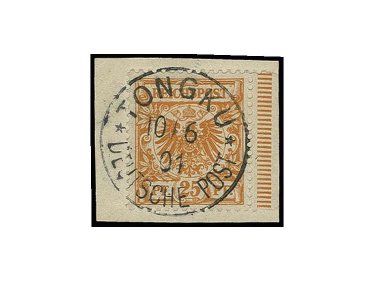 25 Pfg. rötlichorange mit rechtem Rand auf Briefstück mit sehr klarem Stempelabschlag "TONGKU DP 10.6.01", Luxus, sicherlich 