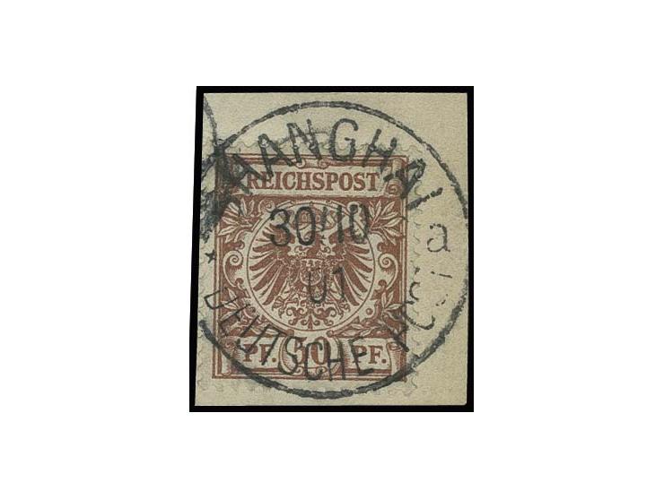 50 Pfg. lebhaftrötlichbraun mit EKr. "SHANGHAI *a 30.10.01" auf Briefstück, kaum sichtbarer Zahnlochspalt oben rechts, sonst 