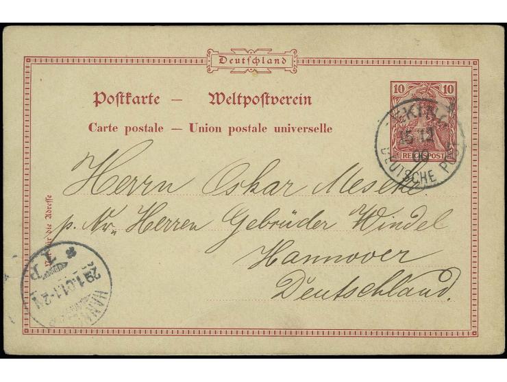 GANZSACHEN: 1900, Karte Germania 10 Pfg. mit Stpl. "PEKING 15 12 00" bedarfsgebraucht nach Hannover