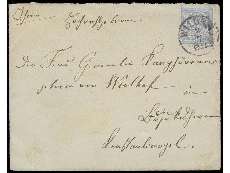 "KAISERLICH DEUTSCHES POSTAMT No.1 / 7.7.", klar rückseitig auf Brief von "WILDBAD 2.7." mit Württemberg 20 Pfg. hellblau nac