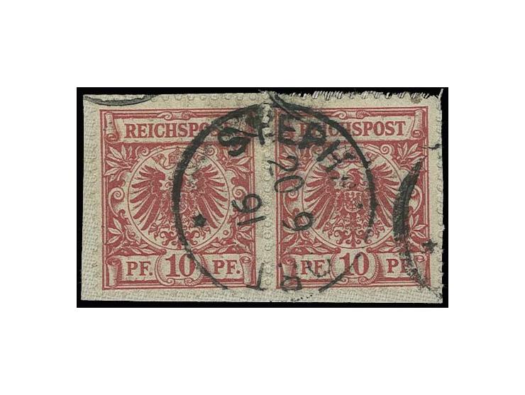 Vorläufer: Krone/Adler 10 Pfg. karminrosa im waagerechten Paar mit Stempel "STEPHANSORT * 20.9.91" auf knapp geschnittenem Br