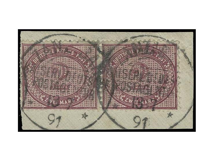 2 M. dunkelrotkarmin im waagerechten Paar mit 2 klaren Stempel-Abschlägen "ZANZIBAR KDPAg 13.7.91" auf Briefstück, Kabinett, 