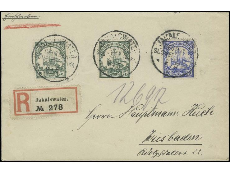 1901, ohne Wasserzeichen: 20 Pfg. und 1906, 5 Pfg. (2), jeweils gestempelt "JAKALSWATER 8/5" ohne Jahreszahl und mit kopfsteh