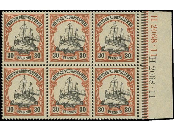 1906, mit Wasserzeichen: 25 Pfg. im waagerechten 6er-Block mit rechtem Rand und kpl. HAN "H2068.11" in schwarz und rötlichora