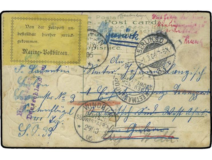 FELDPOST: 1906, "Von der Feldpost unbestellbar...Marine-Postbüreau", gelber Klebezettel auf Feldpost-AK von "BERLIN 1.3.06" a