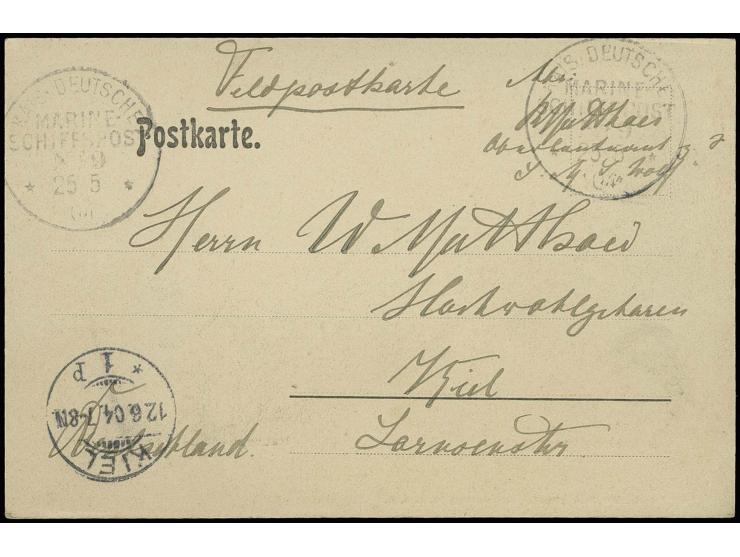 "MSP No.9 25.5.04" (SMS Habicht), zweimal klar auf Feldpost-Ansichtskarte "Swakopmund" mit Bedarfstext und Absenderangabe von