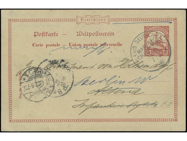 "MSP No. 9 3.02" (SMS Habicht), klar auf Ganzsachenkarte 10 Pfg. mit Grußtext und Datierung "Swakopmund 7.3." nach Altona mit