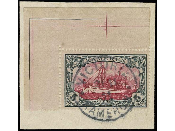1900, 5 M., linke obere Bogenecke mit EKr. "VICTORIA 21 11 11" auf Briefstück, Kabinett, sign. Ressel (Mi. 600,-)