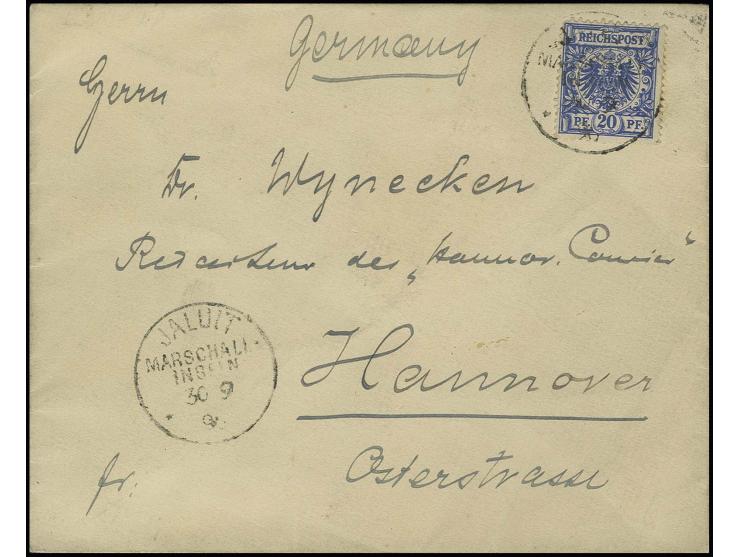 Krone/Adler 20 Pfg. violettultramarin mit Stempel "JALUIT MARSCHALL-INSELN 30.9.96" auf Bedarfsbrief mit rückseitig interessa