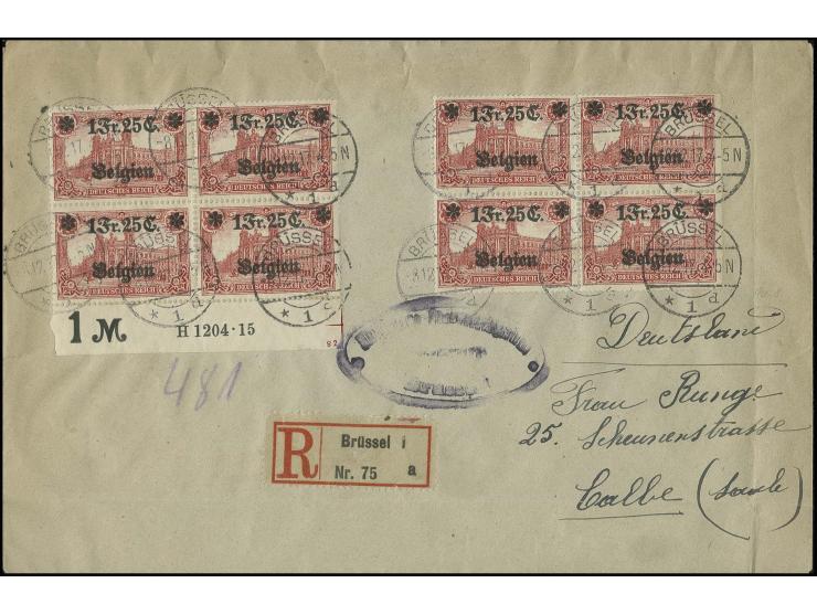 1914, 1 F. 25 C., zwei Viererblocks, davon ein Unterrand-Block mit Aufdruck-HAN "1204 15" und Plattennummer, mit Stempel "BRÜ