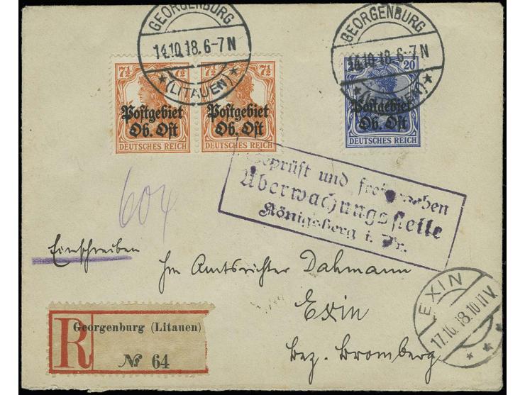 "GEORGENBURG (LITAUEN) 14.10.18", zweimal klar auf R-Brief mit Aufdruckausgabe 20 Pfg. und 7 1/2 Pfg. (2) sowie Zensur nach E