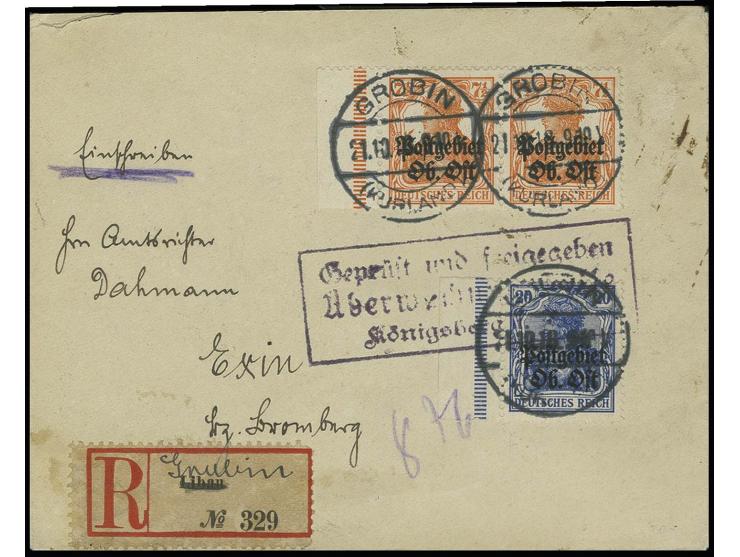 "GROBIN (KURLAND) 21.10.18", mehrfach klar auf R-Brief mit Aufdruckausgabe 20 Pfg. und 7 1/2 Pfg. (Randpaar mit durchgezähnte