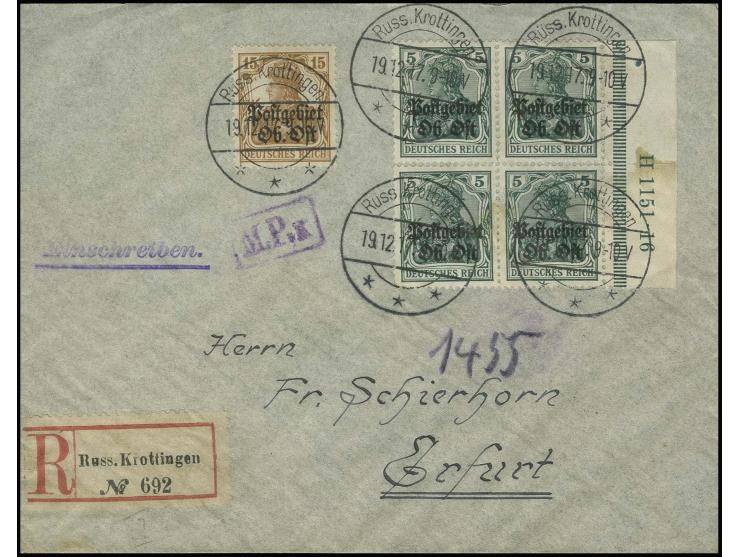 "Russ.Krottingen 1*** 9.12.17", mehrfach klar auf R-Brief mit Aufdruckausgabe 5 Pfg. im Viererblock mit rechtem Rand und HAN 