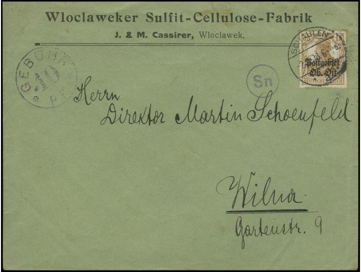 "SCHAULEN *** 2.8.18", klar auf Bedarfsbrief mit Aufdruckausgabe 15 Pfg. und Zensur-K1 "Sn" nach Wilna mit Gebührenstempel "G