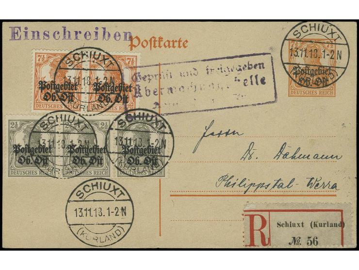 "SCHIUXT (KURLAND) 13.11.18", mehrfach klar auf Aufdruck-Ganzsachenkarte 7 1/2 Pfg. mit Zufrankatur 7 1/2 Pfg. (2) und 2 1/2 