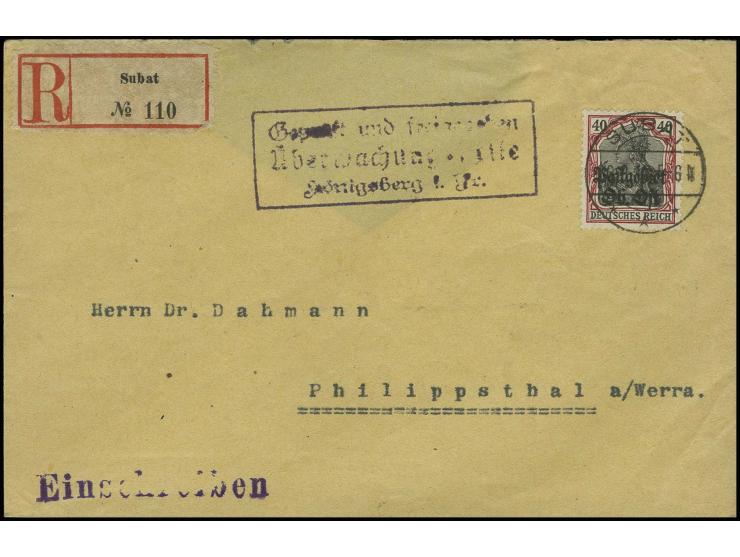 "SUBAT*** 26.9.18", klar auf R-Brief mit Aufdruckausgabe 40 Pfg. mit verschiedenen Zensur-Stempeln nach Philippstal mit Ankun