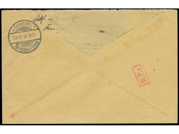 "SUBAT*** 26.9.18", klar auf R-Brief mit Aufdruckausgabe 40 Pfg. mit verschiedenen Zensur-Stempeln nach Philippstal mit Ankun
