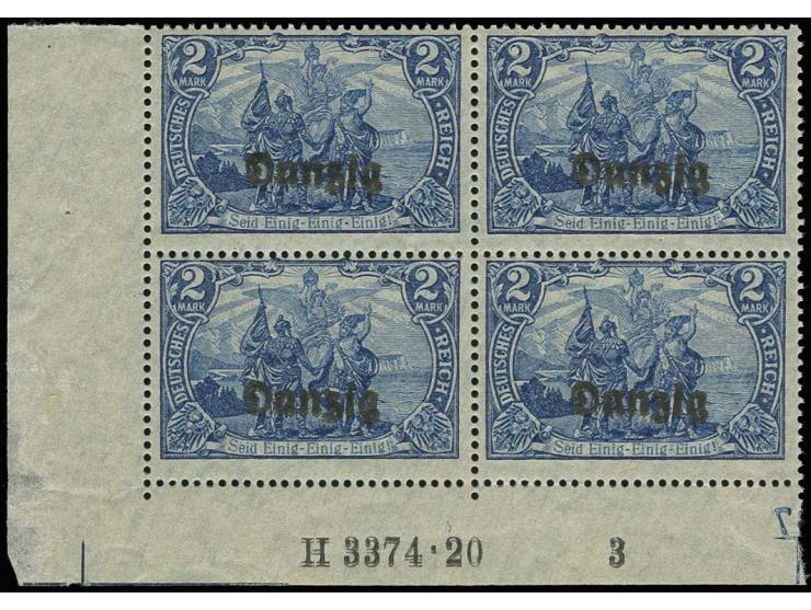 1920, 2 M. blau im Viererblock aus der linken unteren Bogenecke, mit doppeltem Aufdruck und doppelter Aufdruck-HAN "H 3374. 2