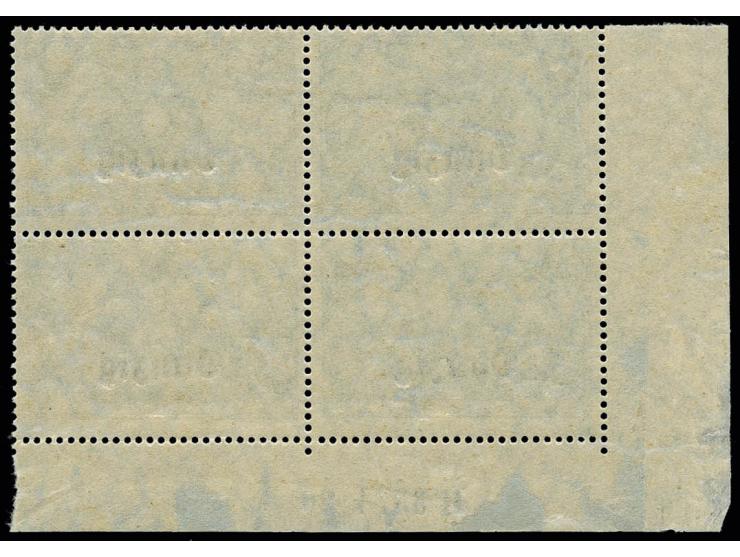 1920, 2 M. blau im Viererblock aus der linken unteren Bogenecke, mit doppeltem Aufdruck und doppelter Aufdruck-HAN "H 3374. 2