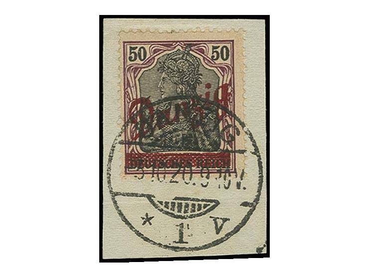 50 Pfg. mit Stempel "Danzig 1v 3.10.20" auf Briefstück, Pracht, Fotoattest Gruber BPP (Mi.1.000,-)
 
 