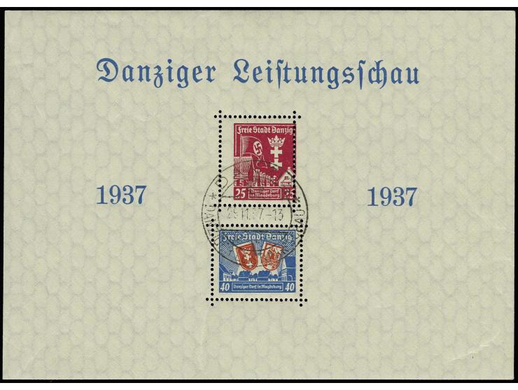 1937, Leistungsschau-Block mit stark nach rechts versetztem Druck der 25 Pfg.-Marke, dazu 5 normale Blocks, je mit Sonderstem