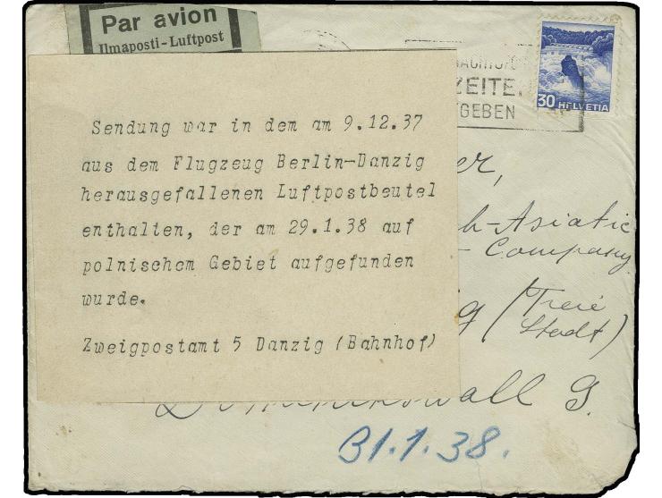 1937, "Sendung war in dem am 9.12.37 aus dem Flugzeug Berlin-Danzig herausgefallenen Luftpostbeutel...Zweipostamt 5 Danzig (B