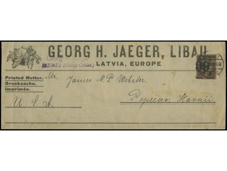 1921, 60 auf 40 pf. auf 20 C. mit Stempel "MEMEL 22.2.21" auf dekorativem Streifbank nach Pepeekeo, Hawaii, Marke eckrund, so