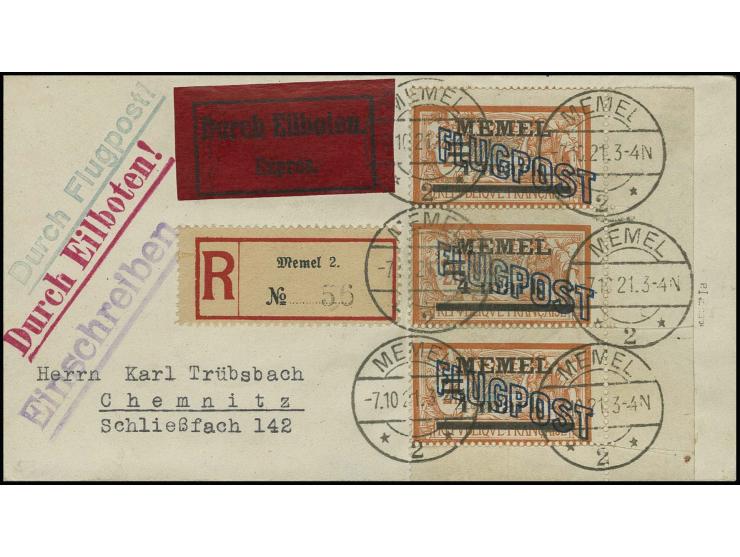 1921, Flugpost, 4 m. im senkrechten Dreierstreifen aus der rechten unteren Bogenecke mit Stempel "MEMEL -7.10.21" auf eingesc