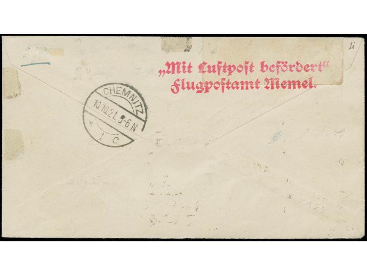 1921, Flugpost, 4 m. im senkrechten Dreierstreifen aus der rechten unteren Bogenecke mit Stempel "MEMEL -7.10.21" auf eingesc