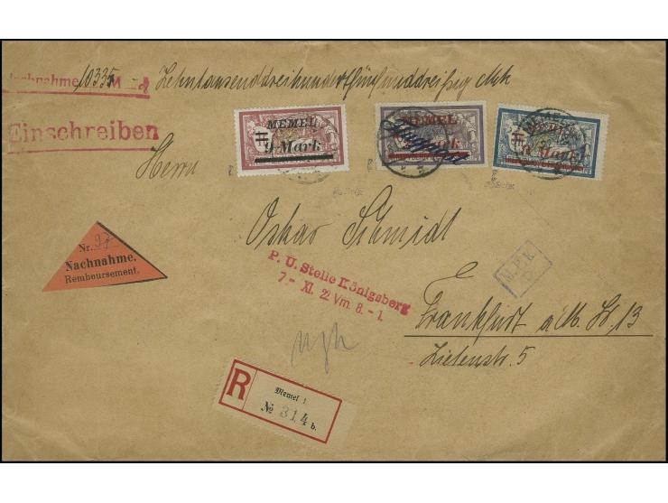 3 M. auf 60 C. dunkelgrauviolett mit Zufrankatur auf R-Nachnahme-Brief von "MEMEL 8.11." mit Zensur-Stempel nach Frankfurt mi