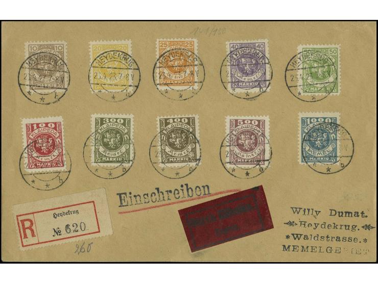 1923, Wappenreiter 10-1000 M., je mit Stempel "HEYDEKRUG 23.4.23" auf adressiertem, Eil-R-Brief mit Ankunftsstempel, Kabinett