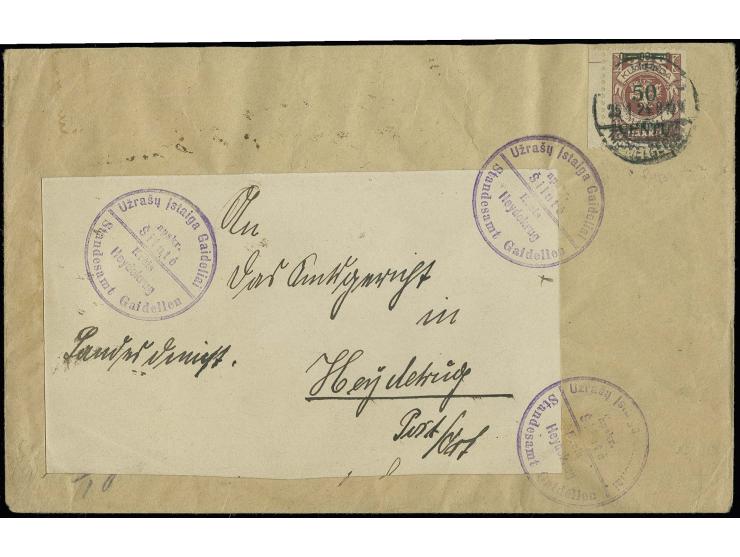 50 C. auf 500 M., linkes Seitenrandstück mit Stempel "RUSS 25.1.24" auf Brief nach Heydekrug, vorderseitig violette Siegel "S